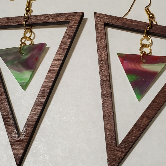 Wood & Colored Acrylic 3" Earrings Triangle Shape - Picture 5 of 5